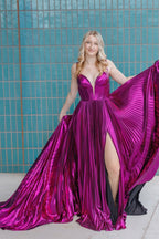 A Line V Neck Purple Satin Long Prom Dresses