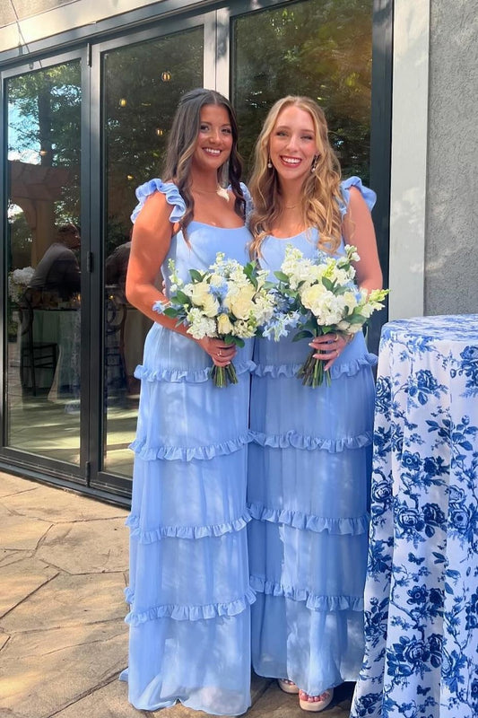 Fariy Sheath Square Neck Blue Chiffon  Bridesmaid Dresses
