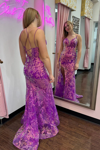 Purple Sequins Lace Mermaid Long V Neck Prom Dresses,BD93199