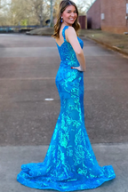 Blue Sequins Mermaid Long Lace Prom Dresses