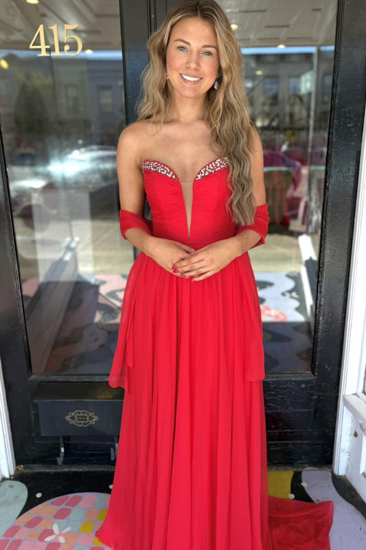 Robes de bal longues en mousseline rouge avec col en V et coupe trapèze