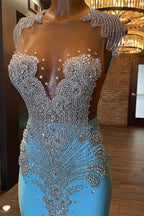 Sky Blue Beautiful Long Sleeveless Mermaid Prom Dresses With Beading