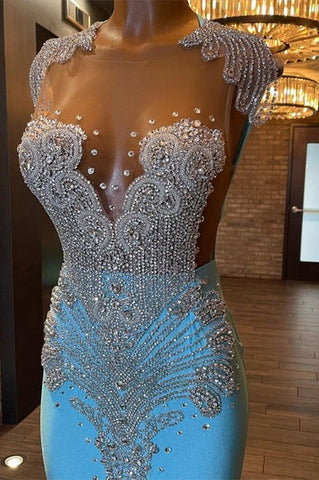 Sky Blue Beautiful Long Sleeveless Mermaid Prom Dresses With Beading