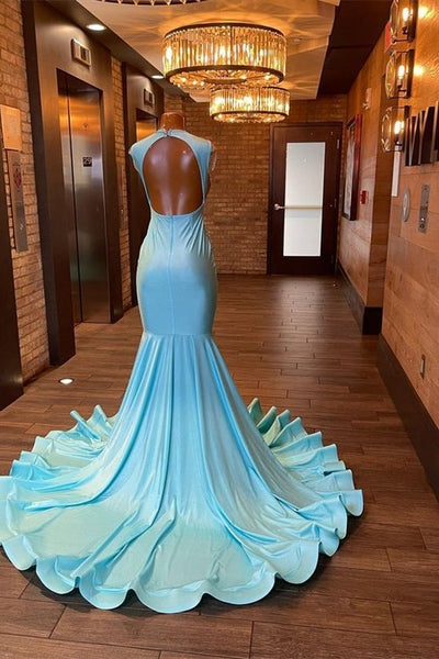 Robes de bal sirène longues sans manches bleu ciel magnifiques avec perles