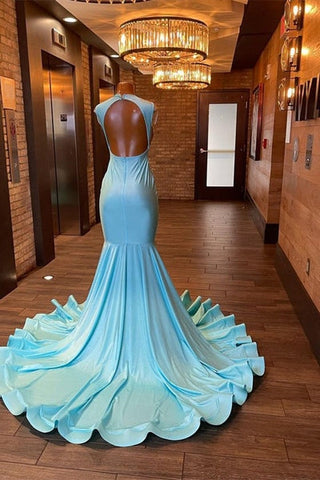 Sky Blue Beautiful Long Sleeveless Mermaid Prom Dresses With Beading