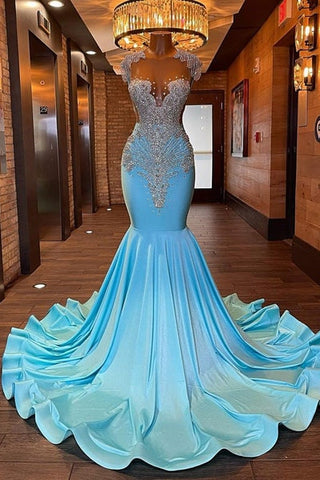 Sky Blue Beautiful Long Sleeveless Mermaid Prom Dresses With Beading