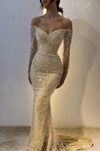Off-the-Shoulder Long Sleeves champagne Prom Dresses Mermaid Pearls With Beads