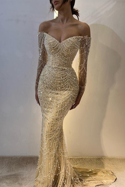 Robes de bal sirène champagne à épaules dénudées et manches longues, ornées de perles et de perles