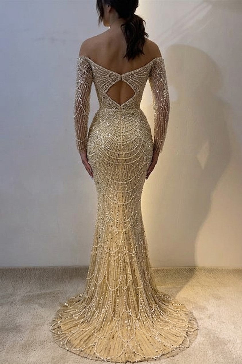 Off-the-Shoulder Long Sleeves champagne Prom Dresses Mermaid Pearls Wi – luladress
