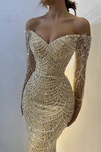 Off-the-Shoulder Long Sleeves champagne Prom Dresses Mermaid Pearls With Beads