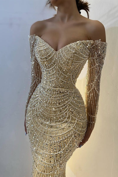 Robes de bal sirène champagne à épaules dénudées et manches longues, ornées de perles et de perles