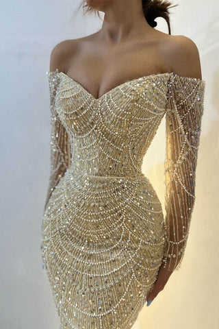 Off-the-Shoulder Long Sleeves champagne Prom Dresses Mermaid Pearls With Beads