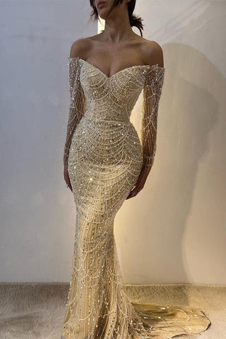 Off-the-Shoulder Long Sleeves champagne Prom Dresses Mermaid Pearls With Beads