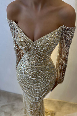 Off-the-Shoulder Long Sleeves champagne Prom Dresses Mermaid Pearls With Beads