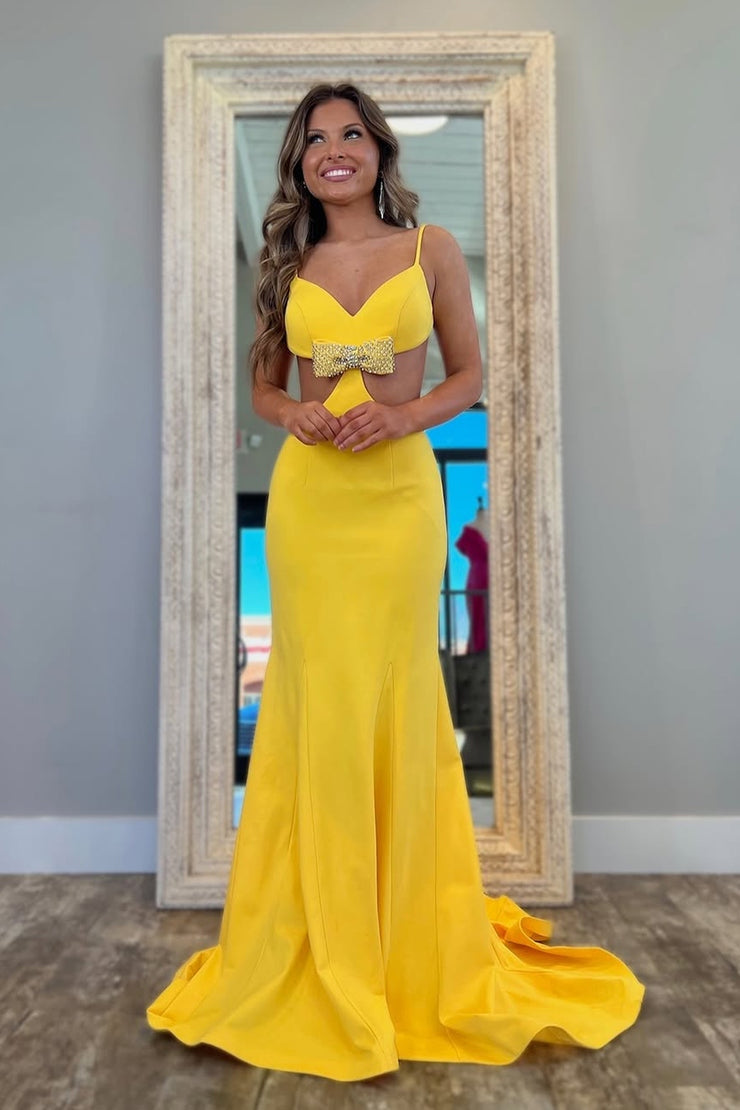 Mermaid V Neck Yellow Elastic Satin Prom Dresses