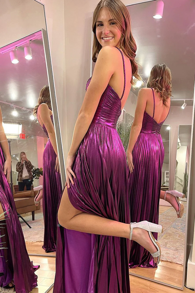 Magenta Spaghetti Straps Pleated A-Line Long Prom Dresses,BD93255