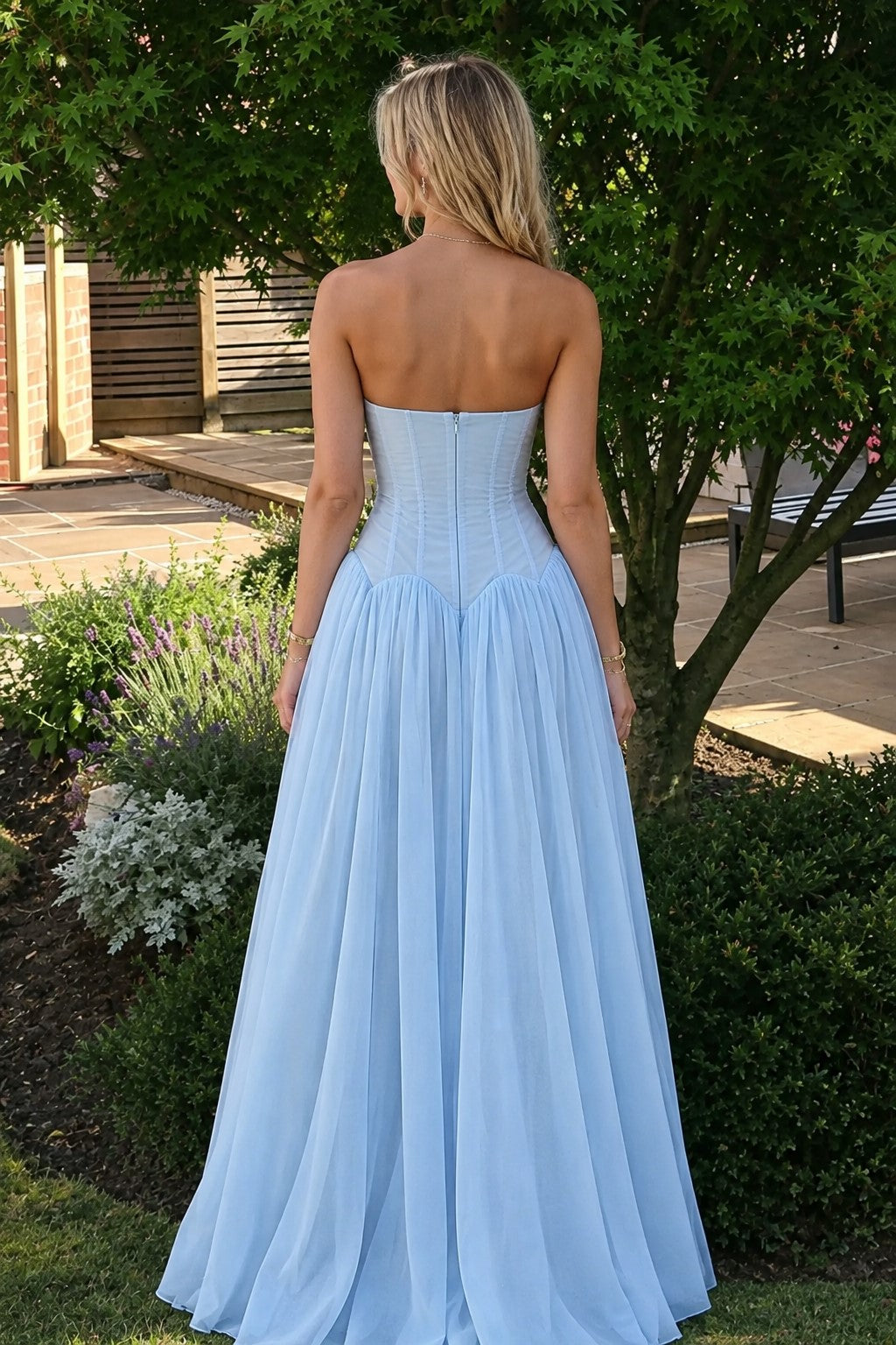 Blue A-Line Chiffon Long Strapless Empire-Waist Prom Dresses