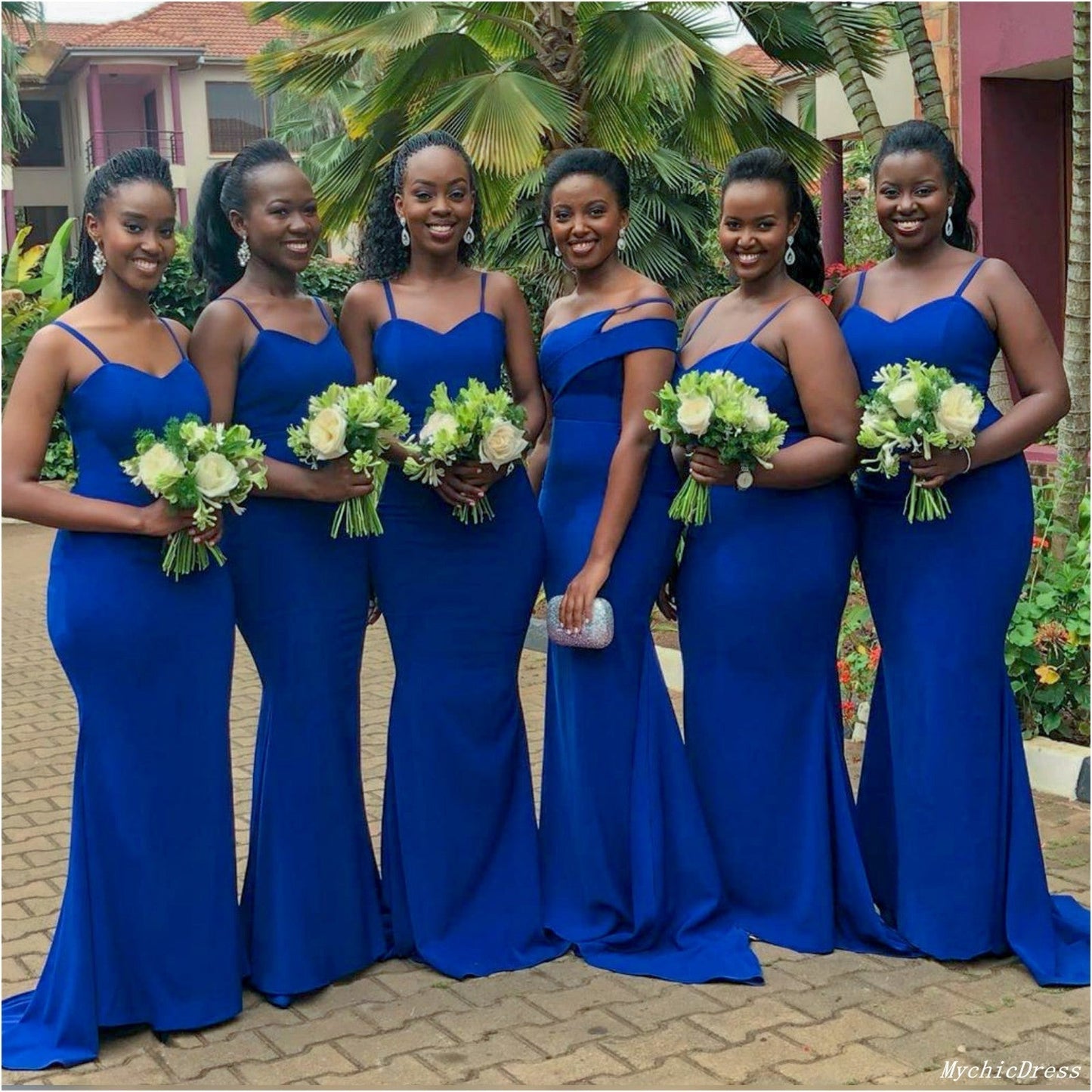 African Satin Blue Mermaid Bridesmaid Dresses Spaghetti Straps Wedding Guest Dress
