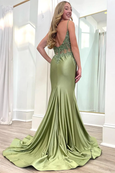 Sage Green Spaghetti Strap Backless Trumpet Long Gown,BD93217