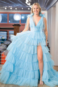 Light Blue Tulle  Deep V Neck Tiered Long Prom Dresses,BD930840