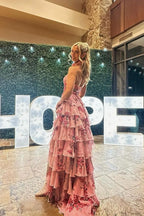 A Line Chiffon Keyhole Hatler Floral Printed Tiered Slit Prom Dresses