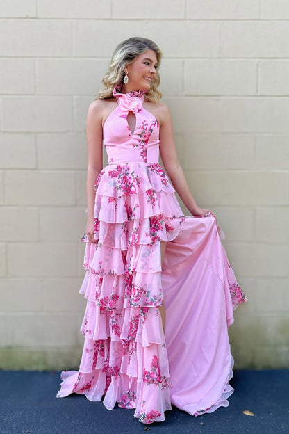 Robes de bal longues en satin imprimé floral mousseline de soie rose ligne A