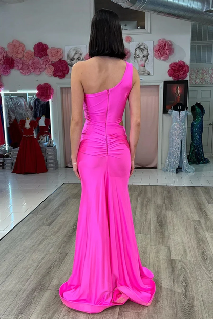 Hot Pink One-Shoulder Cutout Mermaid Long Prom Dresses