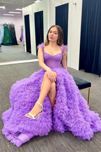 Beaded Feather Long Off-the-Shoulder Tiered Prom Dresses