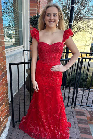 Mermaid Red Floral Lace Sweetheart Long Prom Dresses