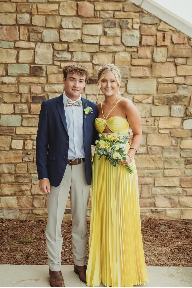 A Line Long Yellow Straps Pleat Satin Prom Dresses