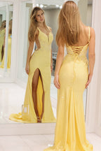 Mermaid V Neck Yellow Satin Long Prom Dresses