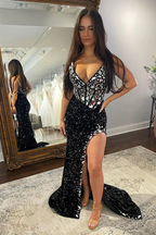 Blush Sequins Mermaid V Neck Prom Dresses