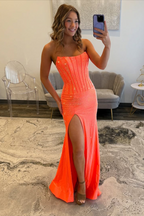 Mermaid Long Scoop Neck Orange Satin Prom Dresses