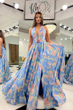 A-Line Halter Blue Floral Print Long Prom Dresses