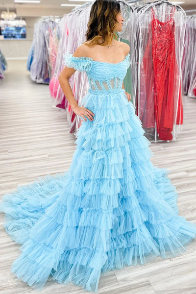 Light Blue Off the Shoulder Ruffle Tiered Long Prom Dresses,BD93166