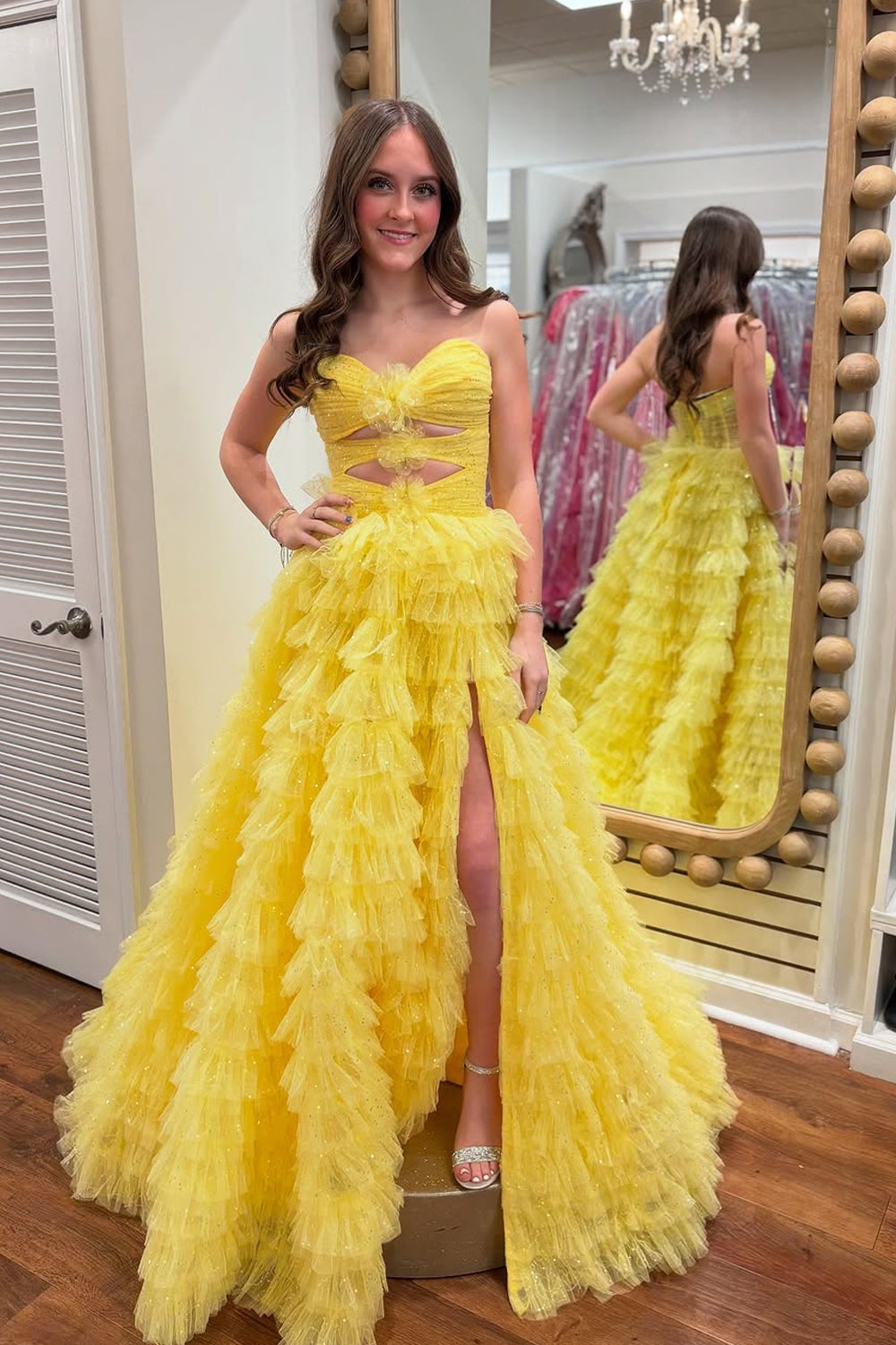 A-Line Strapless Yellow Ruffle Tiered Tulle Long Prom Dresses – luladress