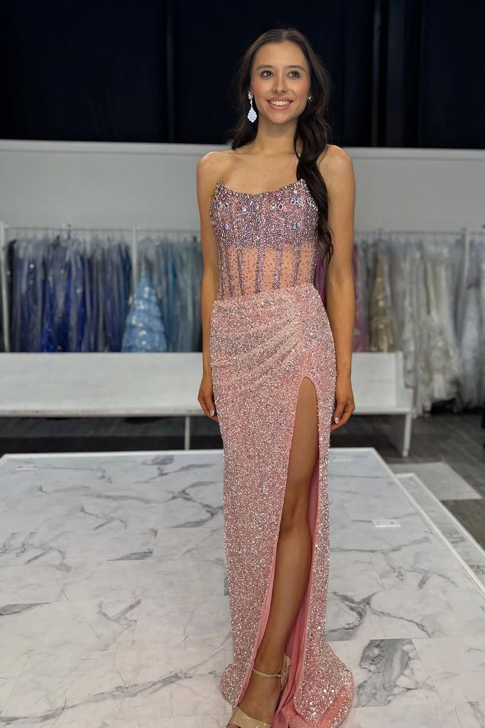 Mermaid Strapless Pink Sequins Beads Long Prom Dresses