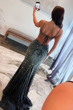 Scoop Neck Black Glitter Satin Slit Mermaid Prom Dresses