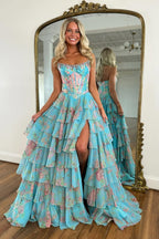 A Line Pink Floral Printed Strapless Corset Ruffle Tiered Long Chiffon Prom Dresses