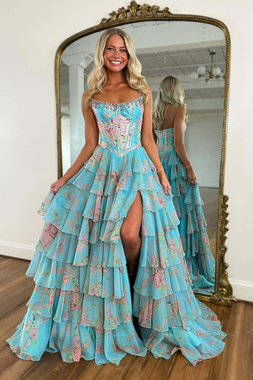 A Line Pink Floral Printed Strapless Corset Ruffle Tiered Long Chiffon Prom Dresses