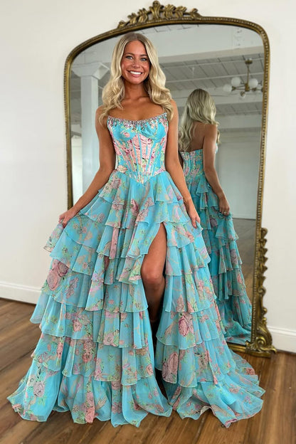 Robe de bal longue en mousseline de soie à volants étagés, bustier sans bretelles et imprimé floral rose A-line