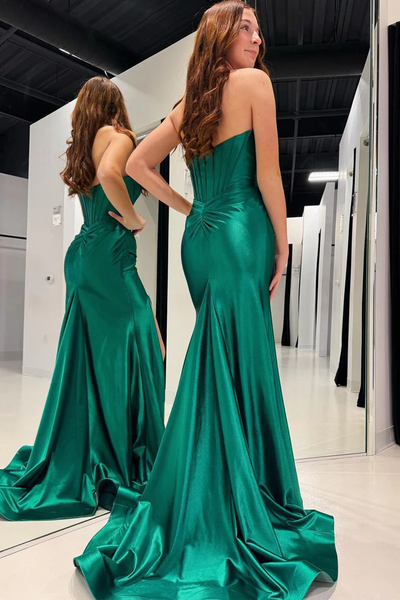 Emerald Satin Mermaid Long Prom Dresses with Detachable Shoulder Straps,BD93242