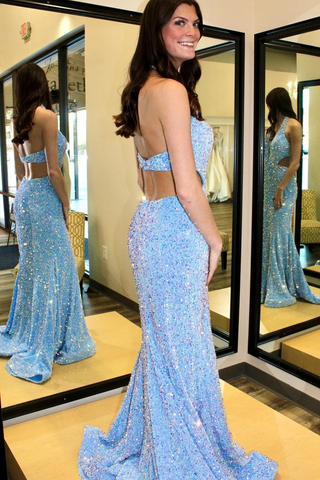 Mermaid Light Blue Iridescent Sequin Halter Cutout Long Prom Dresses