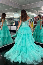 Hot Pink Long Sweetheart Tiered Tulle Prom Dresses