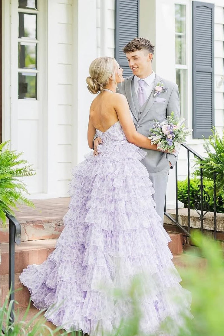 A Line Halter Floral Tulle Tiered Prom Dresses