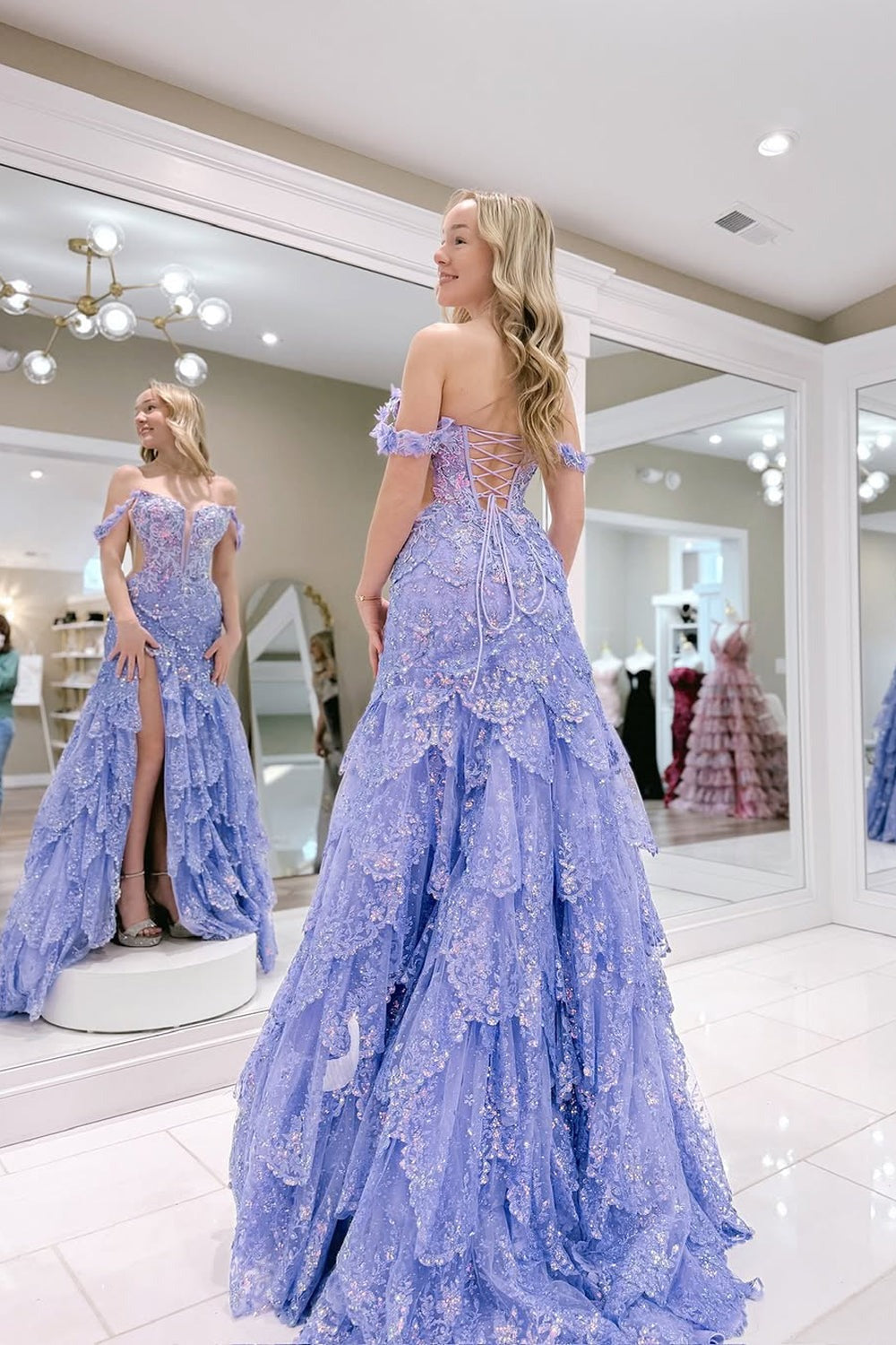 lavender tiered maxi dress Zapaka Women Lavender Bridesmaid Dress Corset Spaghetti Straps Tulle Print Tiered Long Wedding Party Dress, Lavender / US26W