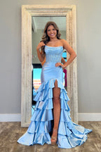 Mermaid Scoop Neck Tiered Satin Prom Dresses