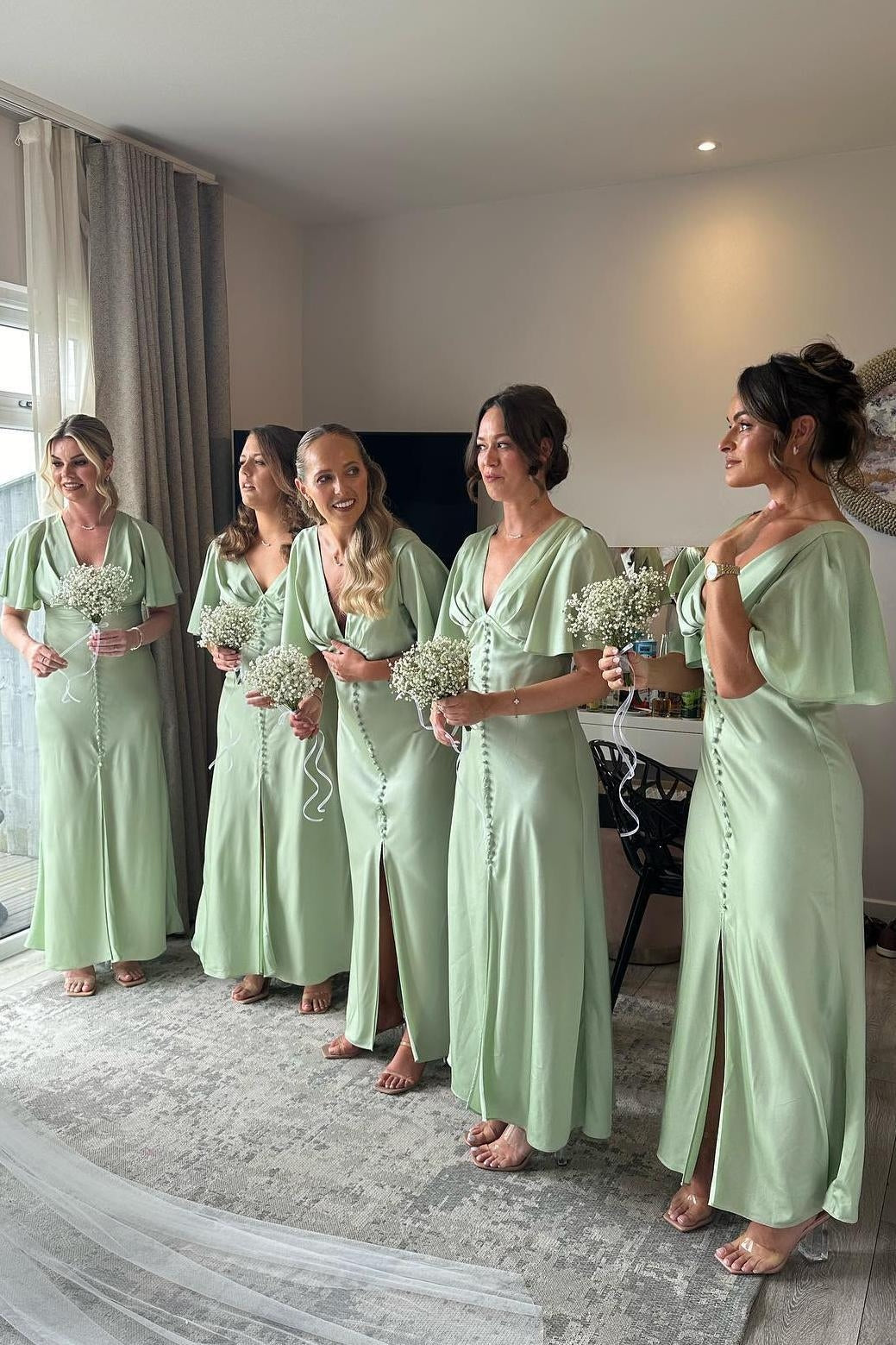 Simple Sheath V Neck Light Green Satin Bridesmaid Dresses