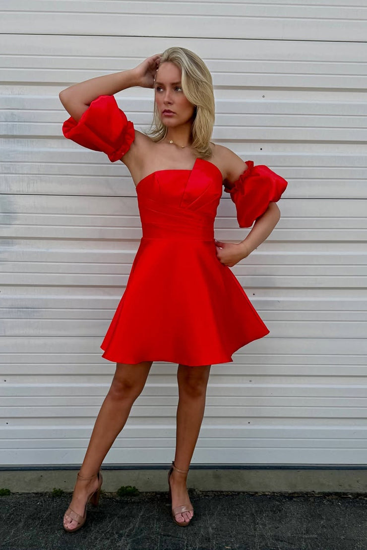 A-Line Strapless Red Satin Short Prom Dresses Cocktail Party Dresses