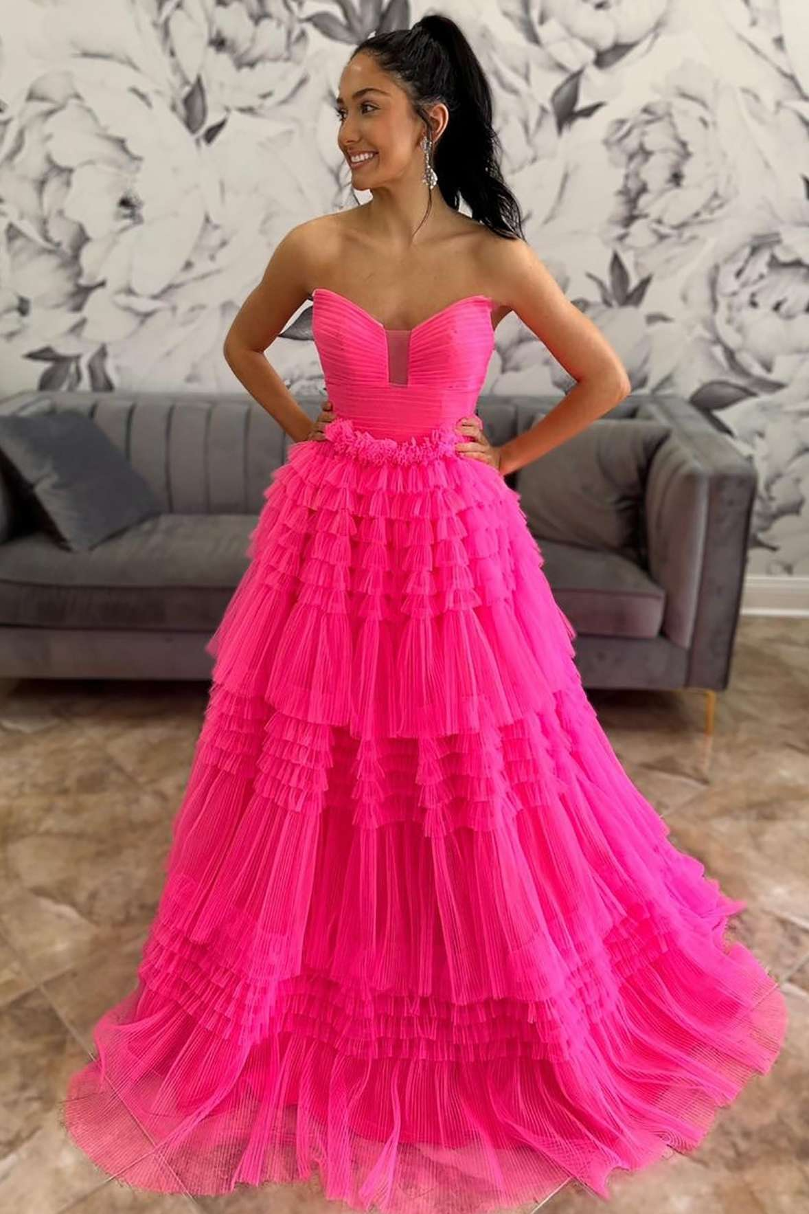 Hot Pink A-Line Strapless Tiered Tulle Prom Dresses luladress Hot Pink A-Line Strapless Tiered Tulle Prom Dresses luladress